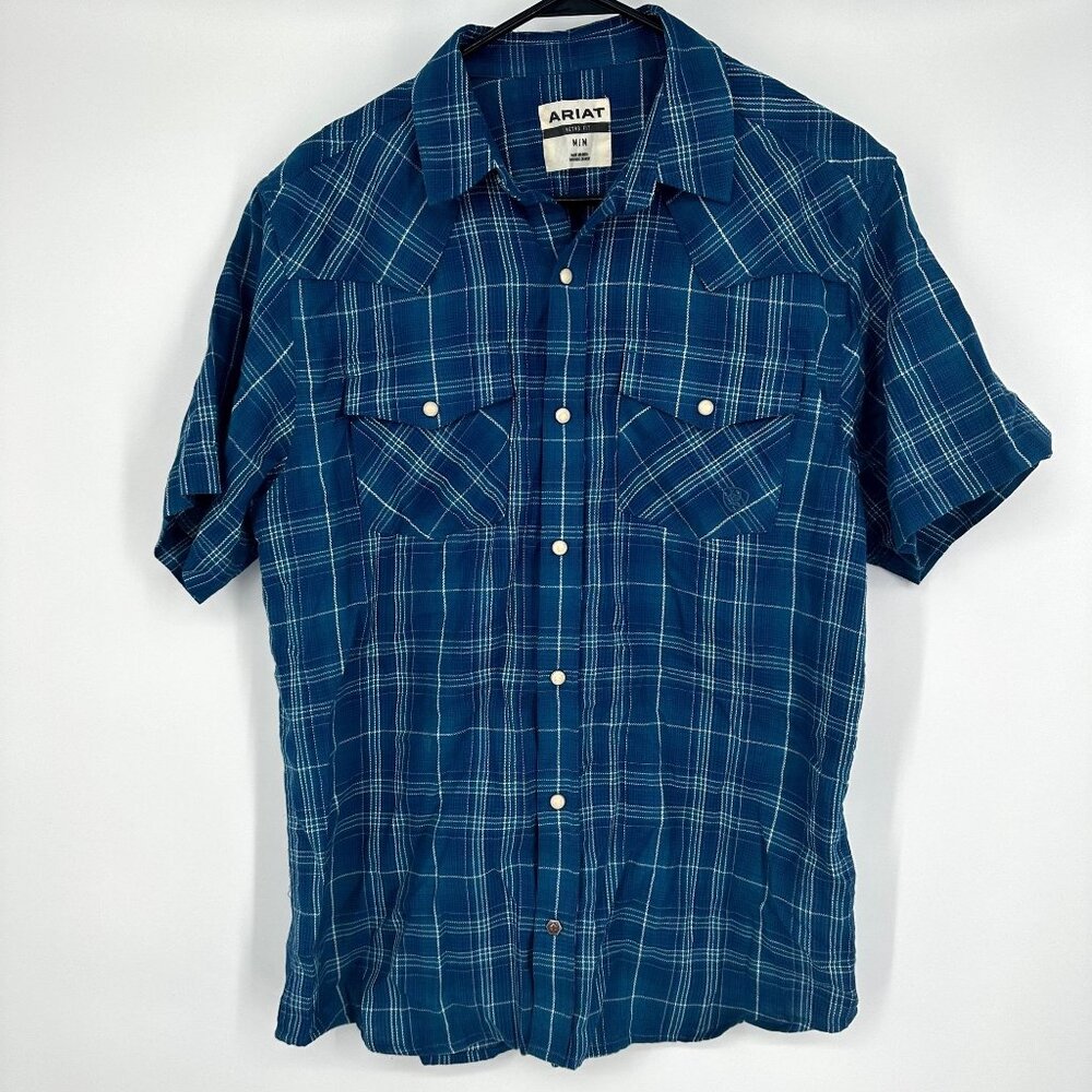 Ariat Men's Pear Snap Retro Fit Short Sleeve Blue‎ Plaid Shirt Size Medium